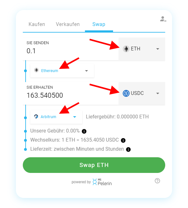Mt Pelerin crypto bridge widget - Swap selection