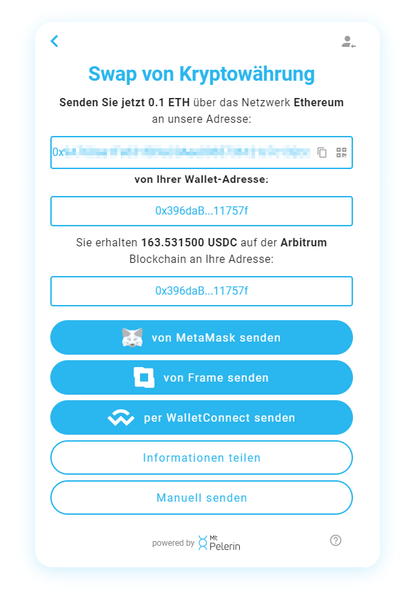Mt Pelerin swap widget send crypto
