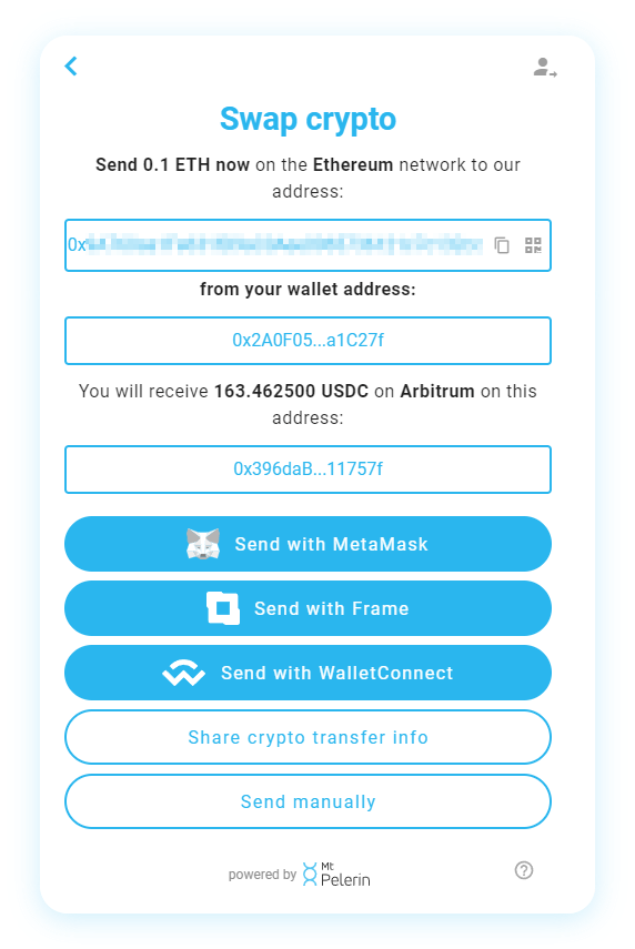 Mt Pelerin swap widget send crypto