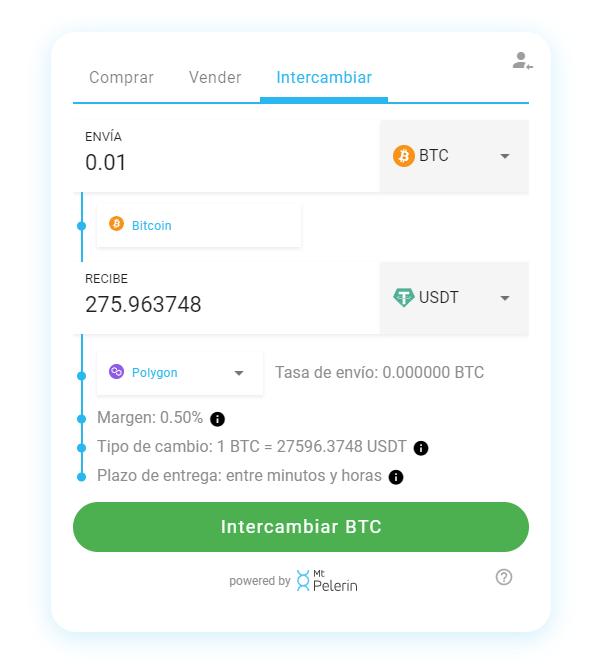 Widget de compra de criptomonedas Mt Pelerin