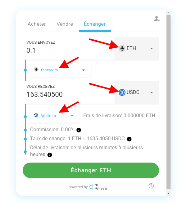 Widget Mt Pelerin de bridge de cryptomonnaies - Sélection de la transaction