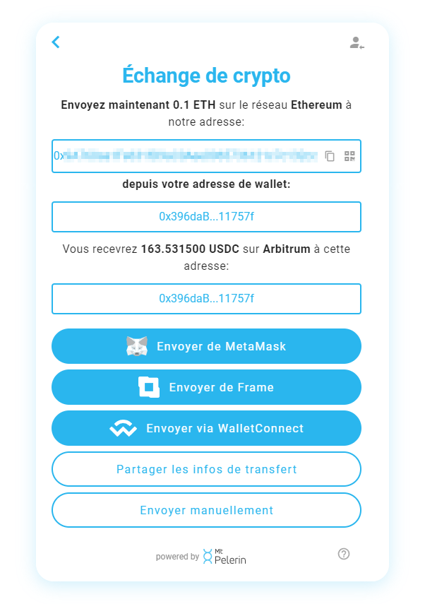 Mt Pelerin widget de swap - Transfert crypto