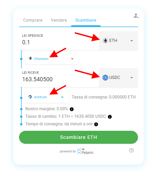 Mt Pelerin crypto bridge widget - Swap selection