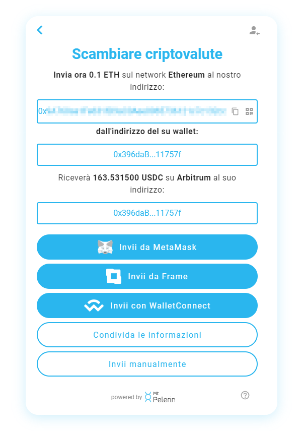 Widget di acquisto di criptovalute Mt Pelerin - Bonifico bancario