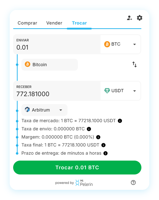 Captura de ecrã do widget da Mt Pelerin a mostrar uma transferência entre blockchains