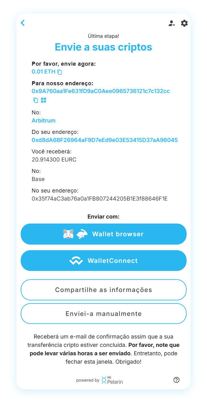 Captura de ecrã do widget da Mt Pelerin a mostrar as instruções de transferência de criptomoedas