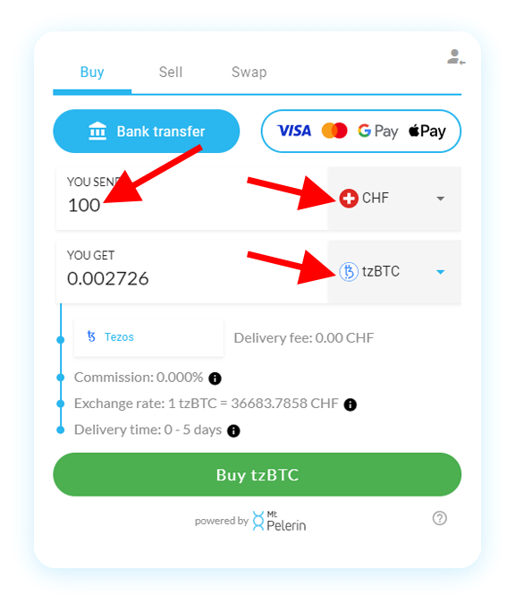 Mt Pelerin buy tzBTC widget screenshot 3