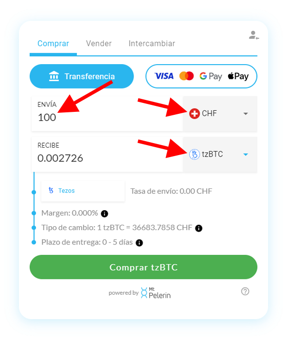 Mt Pelerin comprar tzBTC widget screenshot 3