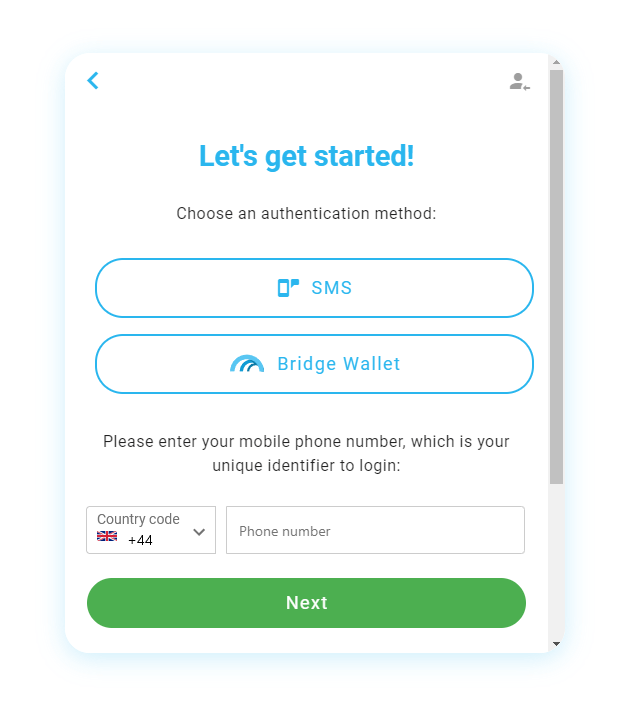 Mt Pelerin sell crypto widget - Sign up with phone number