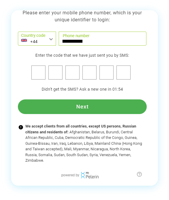 Mt Pelerin sell crypto widget - SMS code confirmation