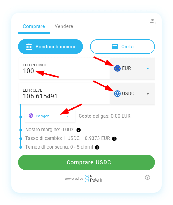 Mt Pelerin comprare USDC widget screenshot 3