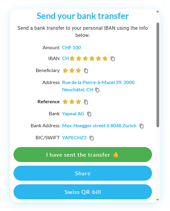 Mt Pelerin buy GHO widget - Bank transfer instructions