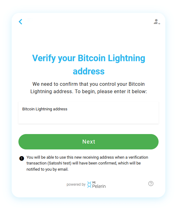 Mt Pelerin buy Lightning sats widget receive address